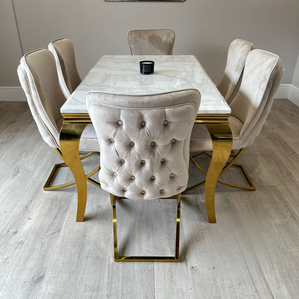 Riviera Gold White Marble Dining Table with Cream Pavia Gold Chairs