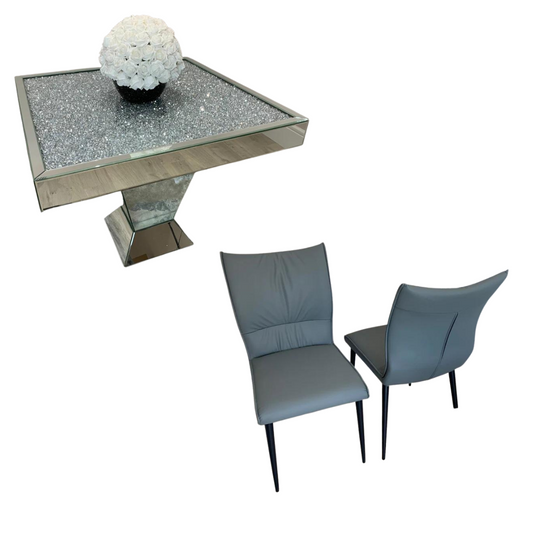 Diamond Crush Square Dining Table with 4 Grey Fiorentina Leather Dining Chairs