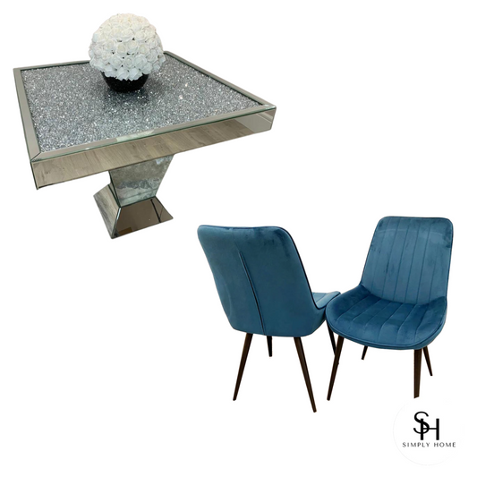 Diamond Crush Square Dining Table with 4 Blue Luca Velvet Chairs