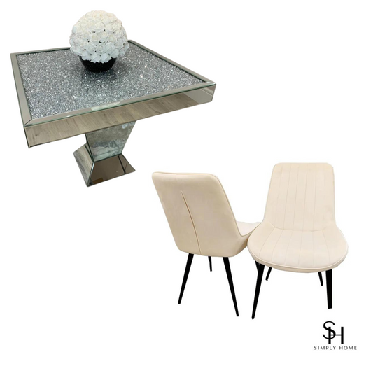 Diamond Crush Square Dining Table with 4 Cream Luca Velvet Chairs