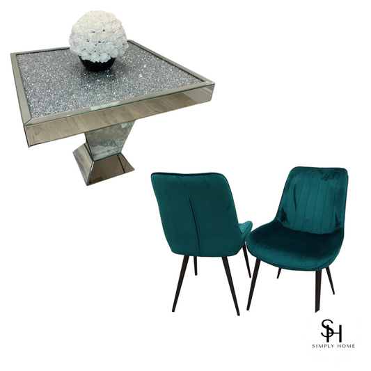 Diamond Crush Square Dining Table with 4 Teal Luca Velvet Chairs