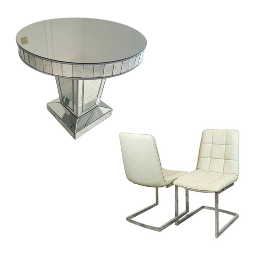 Timeless Silver Trim Circular Mirrored Dining Table with 4 Cream Tara Leather Dining Chairs