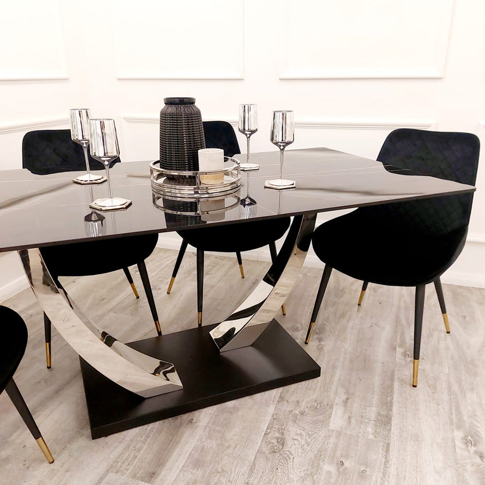 Venus 1.6m Dark Wood Dining Table with Black Milano Dining Chairs