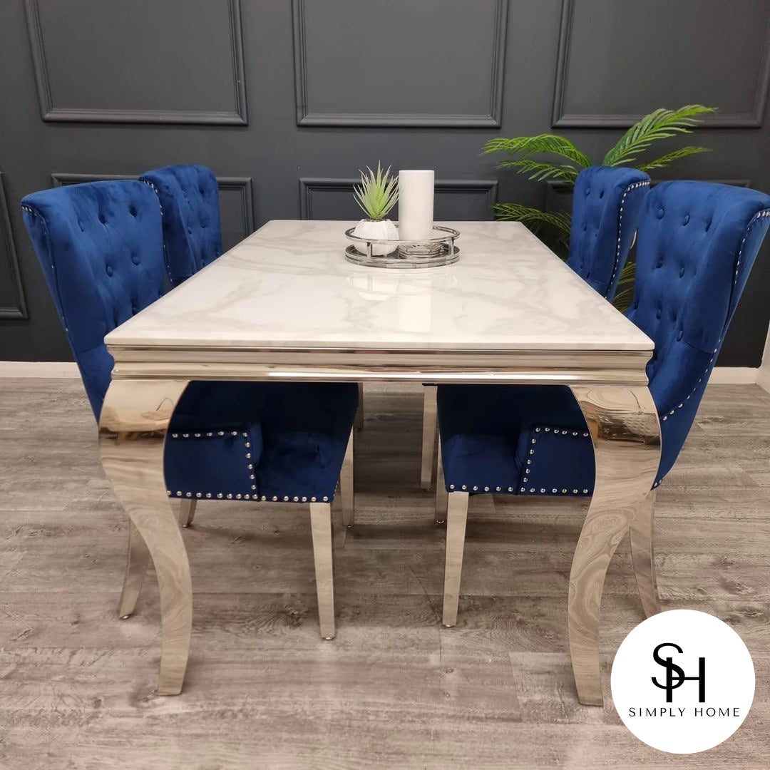 1.8M Riviera White Marble Dining Table with 6x Blue Megan Promo Velvet Chairs