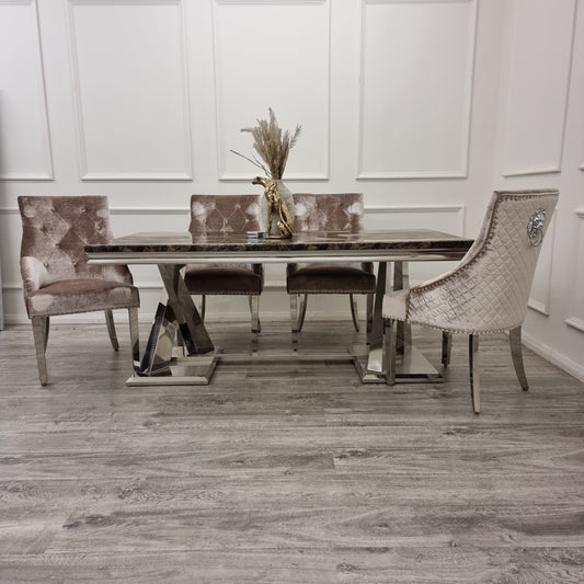 Xavia 1.8m Dining Table in Brown Marble with Beige Velvet Leo Dining Chairs