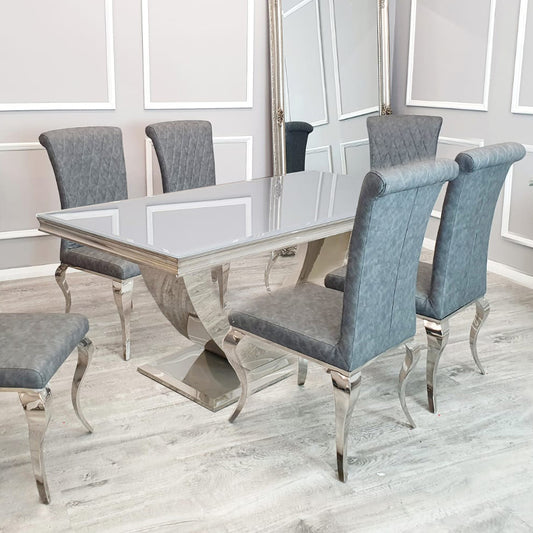 Aurora Grey Glass Dining Table with Grey Leather Nicole Chairs