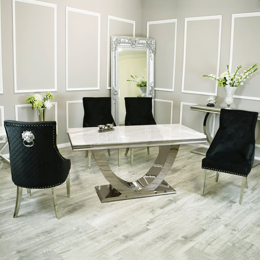 Aurora 2M White Marble Dining Table with Black Leo Chairs
