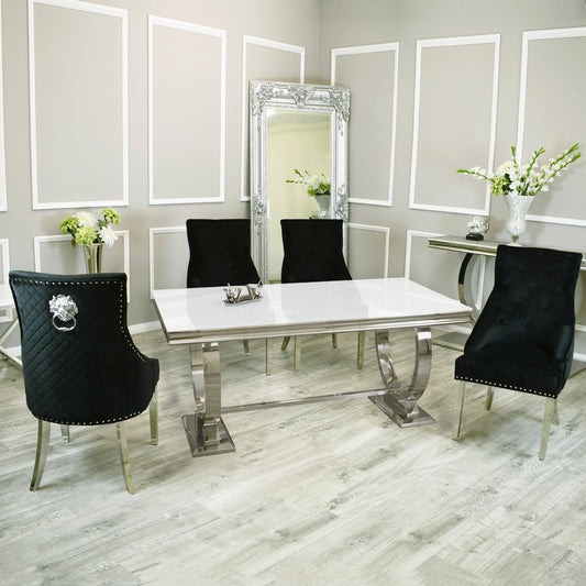 Empire 1.5M White Glass Dining Table with Black Leo Dining Chairs