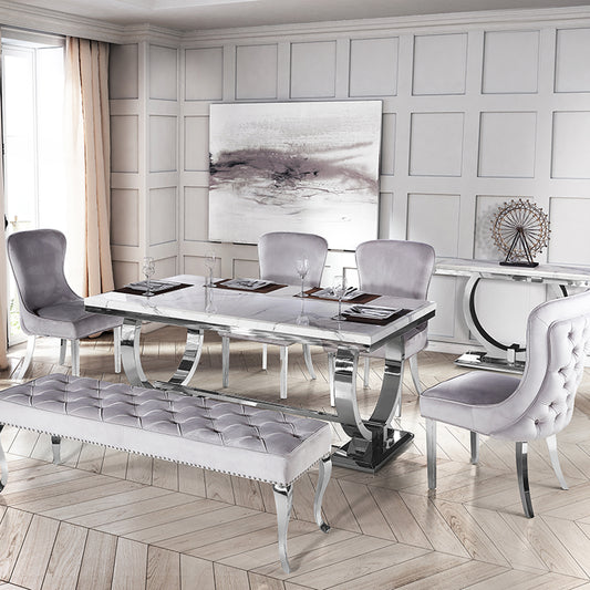 Empire 1.5M White Marble Dining Table with Grey Pavia Dining Chairs