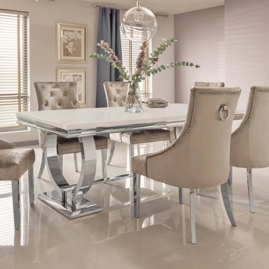 Empire 1.5M White Glass Dining Table with Beige Vincent Dining Chairs