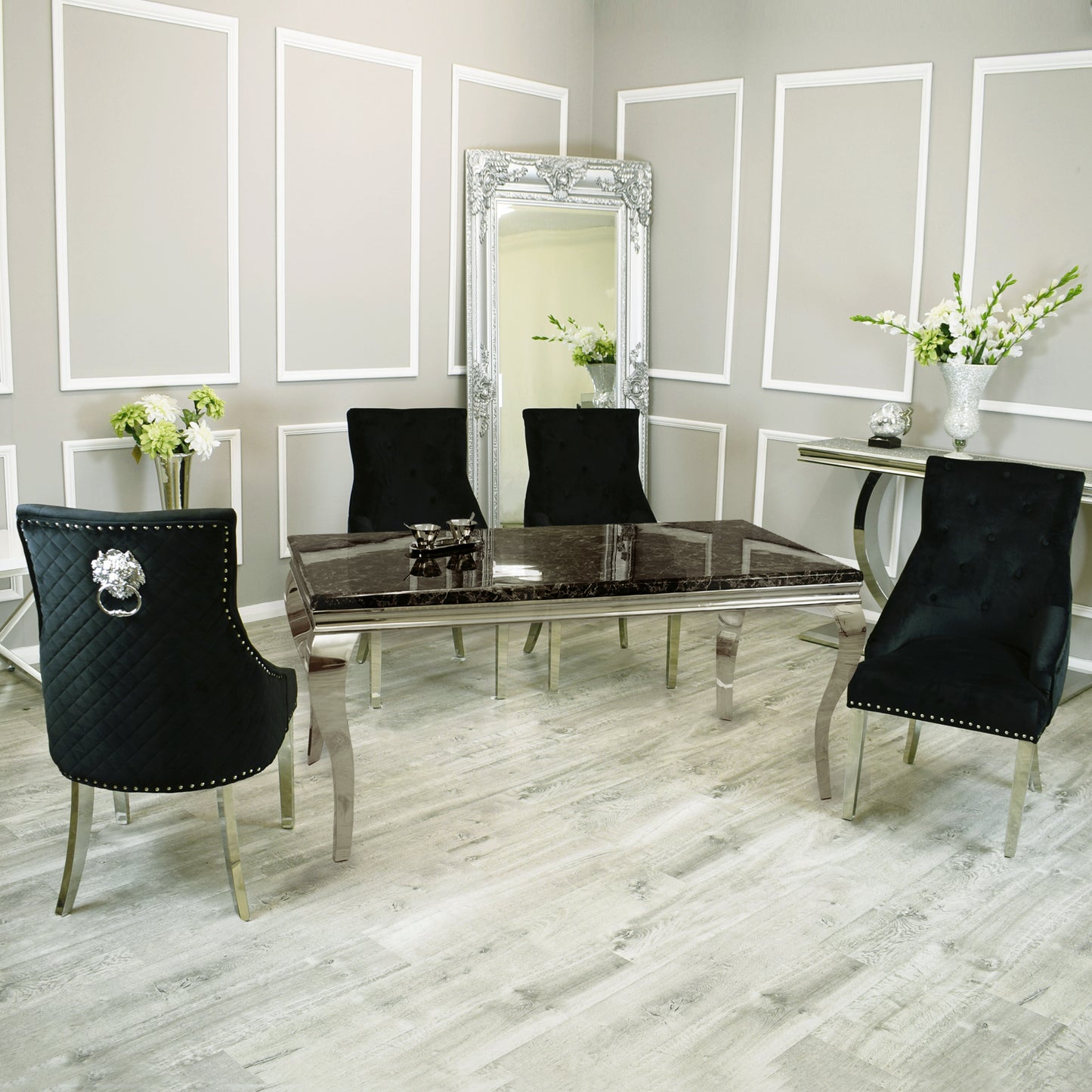 Riviera Black Marble Table with Black Leo Chairs
