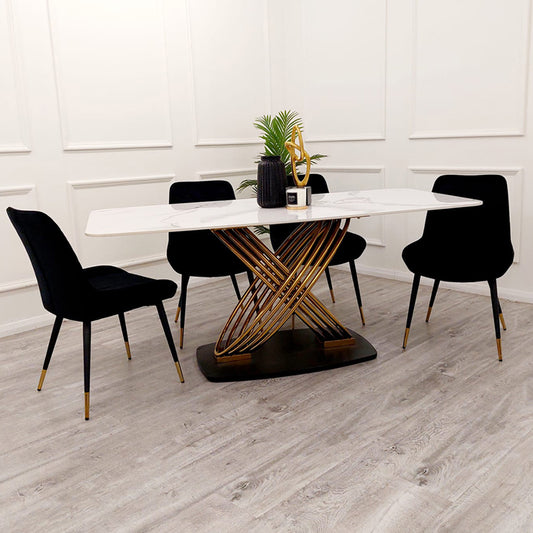 Orabella Gold White Marble Dining Table with Black Milano Chairs