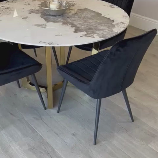 Luciana 1.2M Circular Gold White Marble Dining Table with Black Luca Chairs