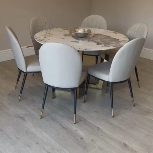 Luciana 1.2M Circular Gold White Marble Dining Table with Grey Edra Chairs
