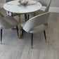 Julio White Marble Circular Dining Table with Grey Adrianna Chairs
