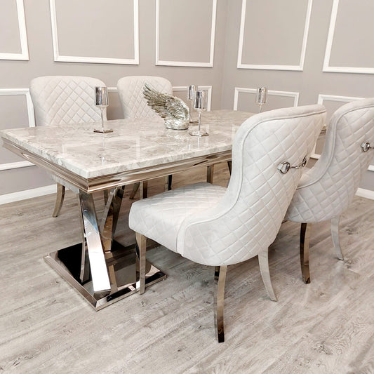 Xavia 1.8m Dining Table in Grey Marble with Grey Velvet Jenson Dining Chairs