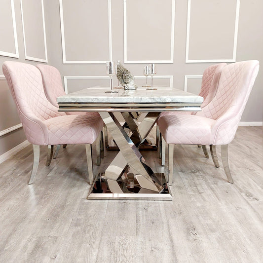 Xavia 1.8m Dining Table in Grey Marble with Pink Velvet Jenson Dining Chairs