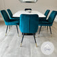 Orabella Gold White Marble Dining Table with Teal Milano Chairs