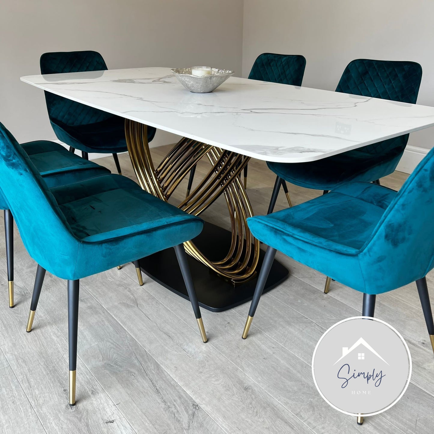 Orabella Gold White Marble Dining Table with Teal Milano Chairs