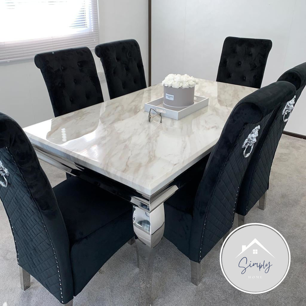 Riviera White Marble Table with Black Sophia Chairs